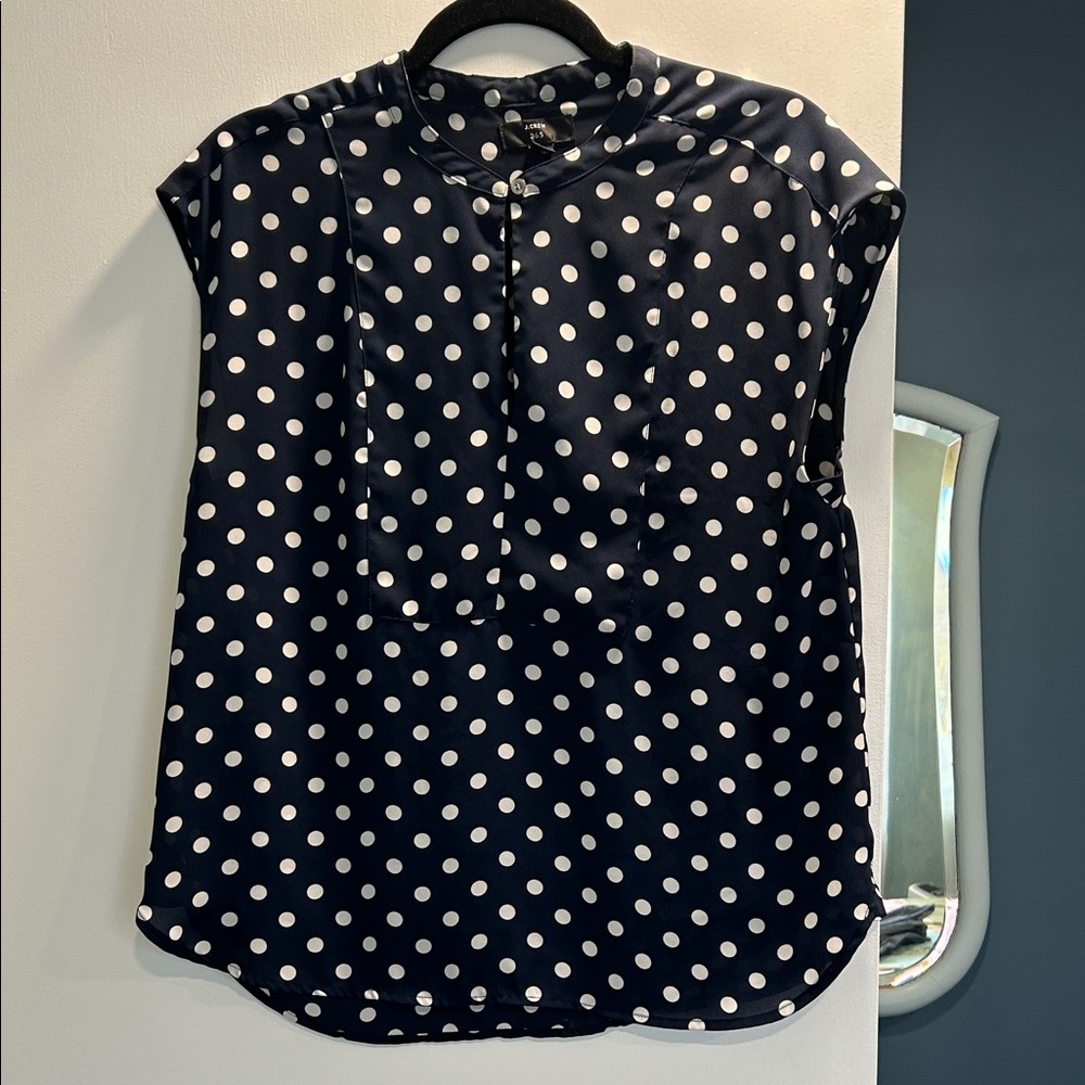J. Crew 365 Navy and White Polka Dot Cap-Sleeve Blouse
